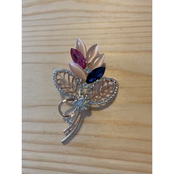 Crystal Rhinestone Floral Brooch Pin With Pink & Blue Gemstones - Picture 1 of 3